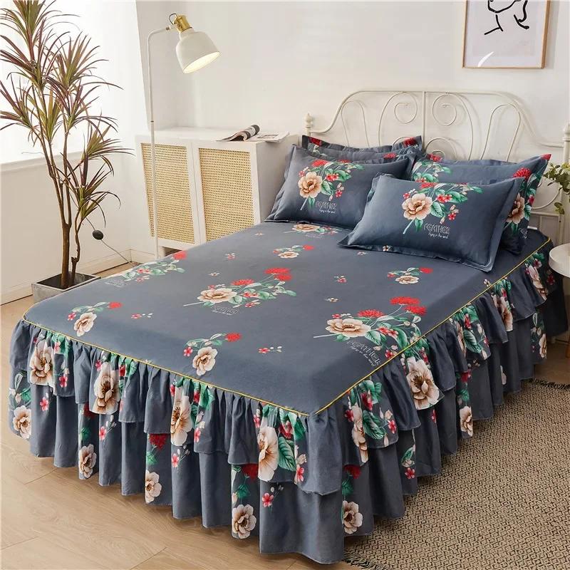 3PCS Ruffle Skirt Bedspread Home Textile Printed Bed Skirt Bedroom Coverlets Bedspreads Sheet Dust Cover Bedding with Pillowcase