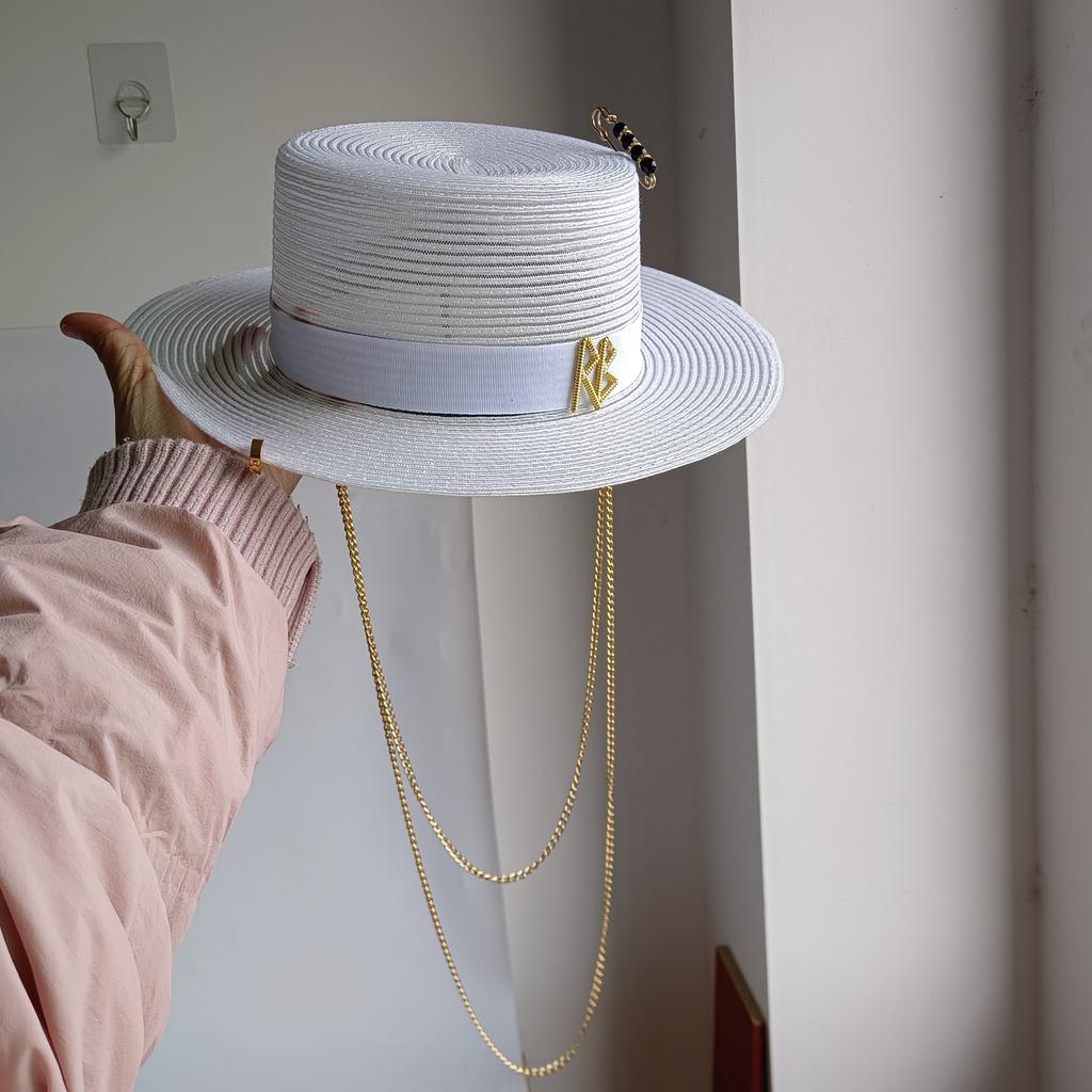 Silver Straw Hat Pearl Chain Hat Diy Flat Top Sun Hat New Korean Elastic Ribbon Hat Beach Hat Candy Color Sun Hat Sombreros Pa