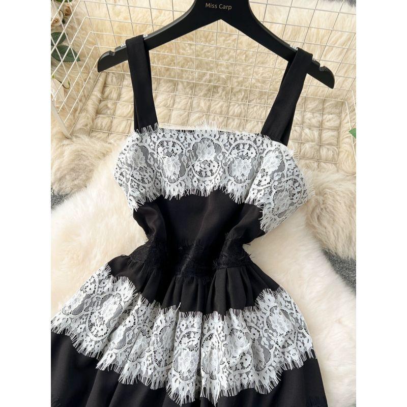 Stylish Lace Lace Color Contrast Patchwork Sexy Tube Top Strappy Dress Female French Small Dress Vacation Dress