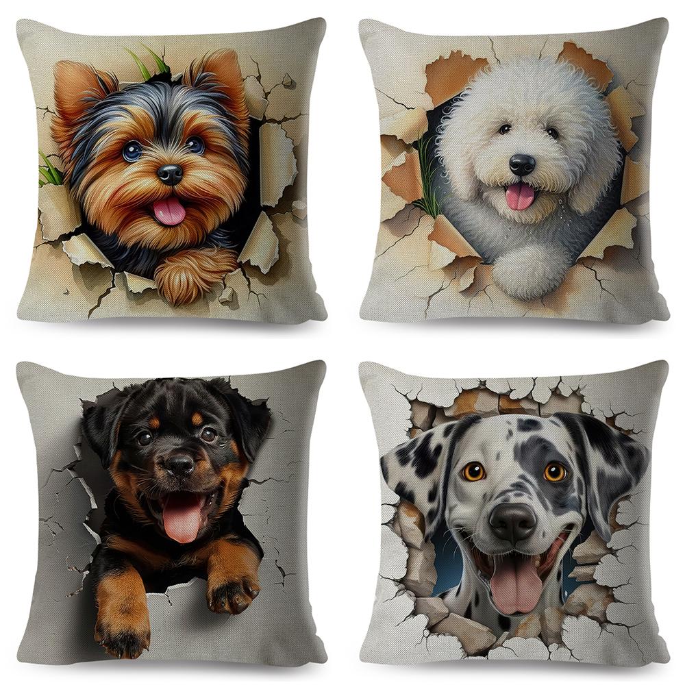 3D Crack Wall Lifelike Puppy Print Throw Pillow Cover Gentle Skin Touch Sofa Bedroom Household Decor Present