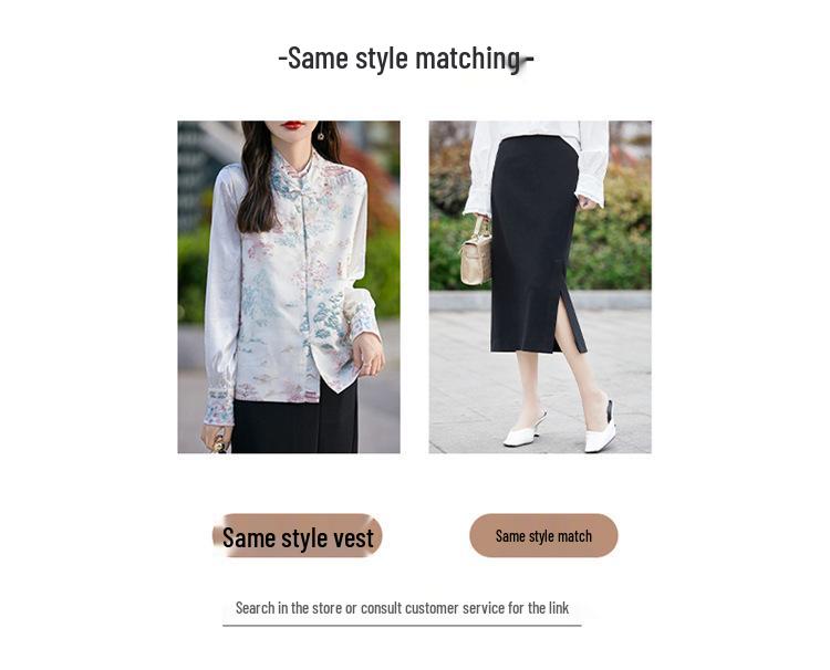 Damen Satin Stickerei Chinesischer Stil Hemd mit Stehkragen und elegantem Druck