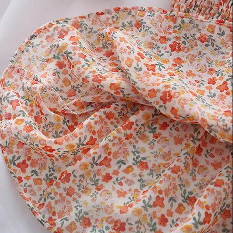 Women's Puff Sleeve Chiffon Shirt Off Shoulder Square Neck T-Shirt Slim Fit Women's Floral Top  Womens Blouses