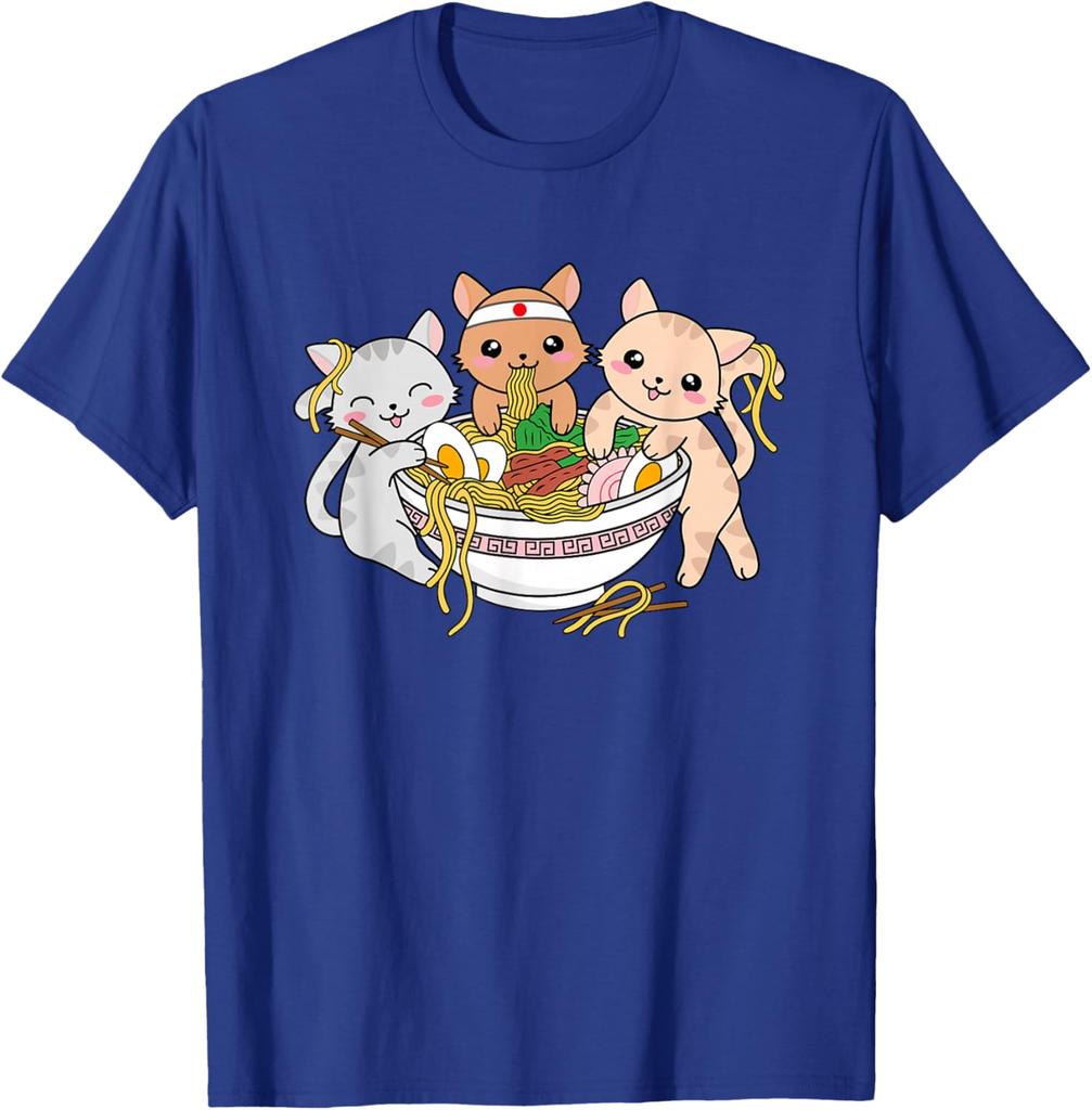 Cute Kawaii Cats Eating Ramen Japanese Noodle Graphic Tee Soft Cotton T-Shirt