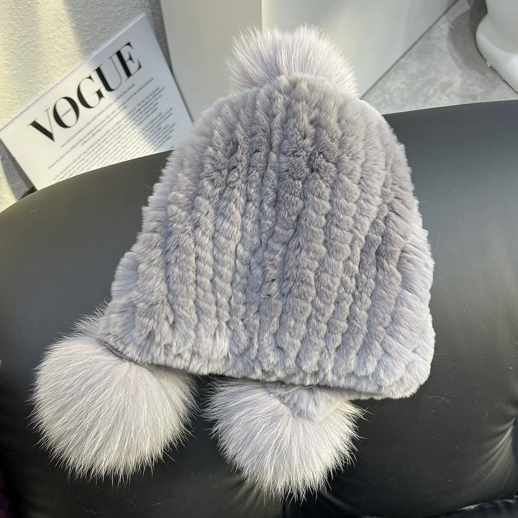 Girl Cute Real Rex Rabbit Fur Hat Big Fox Hairball Head Hat Thickened Warm Ear Hat Winter