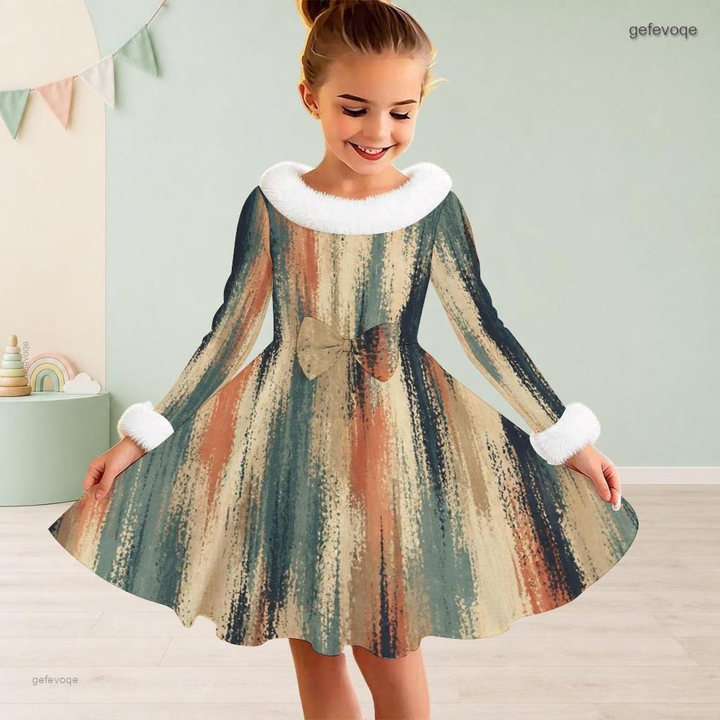 Girls Faux Fur Collar Long Sleeve Printed A Line Flared Dress With Bow