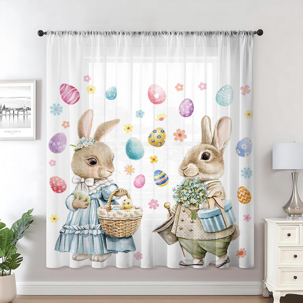 Single Panel Easter Bunny Curtain Rabbit Egg Pattern Pole Window Spring Kids Room Decor Sheer Polyester