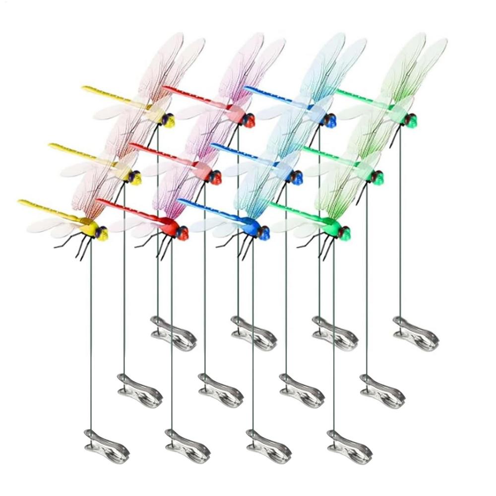 12pcs DIY Fake Dragonfly Rod Clip Simulated Patio Decor Insect Repellent Rod Dragonfly Clips Gardening Fake Dragonfly Pole Clip