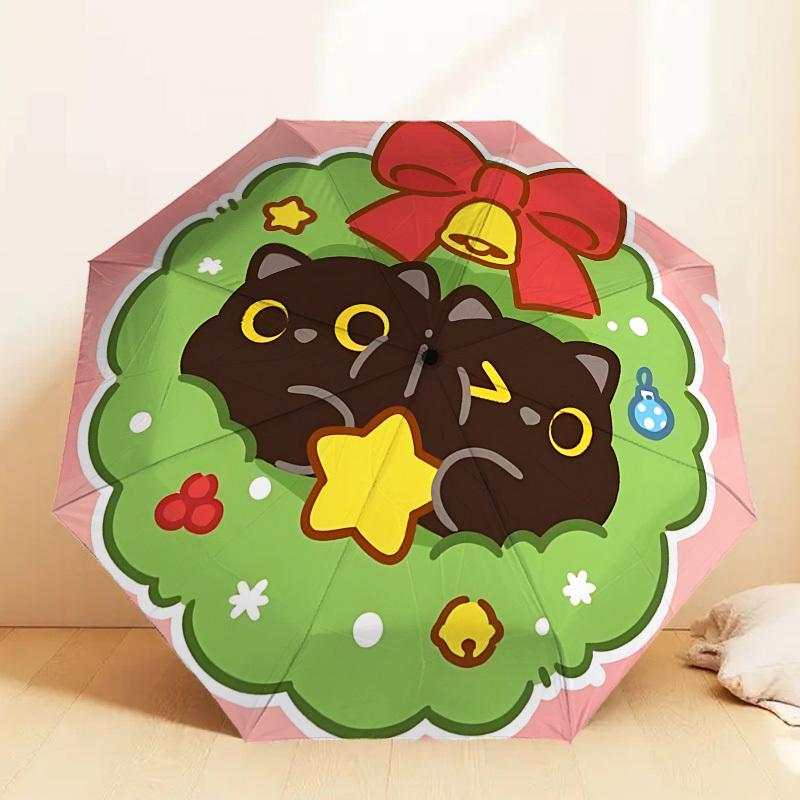 Christmas Cat Wreath Umbrella: A Festive, Auto-Opening Protection for Outdoor Adventures and Travel Gifts 050