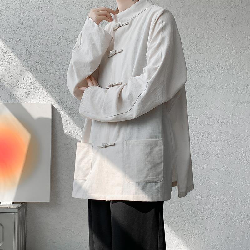 

Мужская льняная рубашка с длинным рукавом в китайском стиле с пуговицами, костюм Hanfu Tang, куртка больших размеров 2XL (140-160 jin)