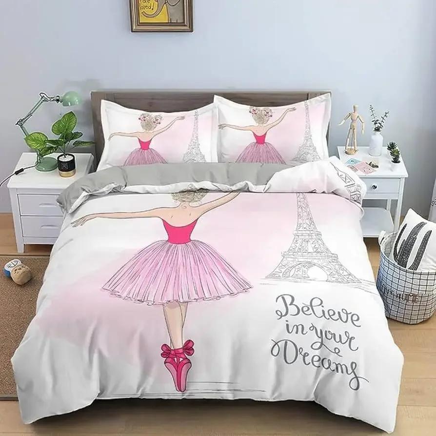 Comforter Girly Ballet Queen Ballet Theme Cartoon Bedding Set Cute Little Dancers Comforter Ballerina Bedding 2/3 Pcs