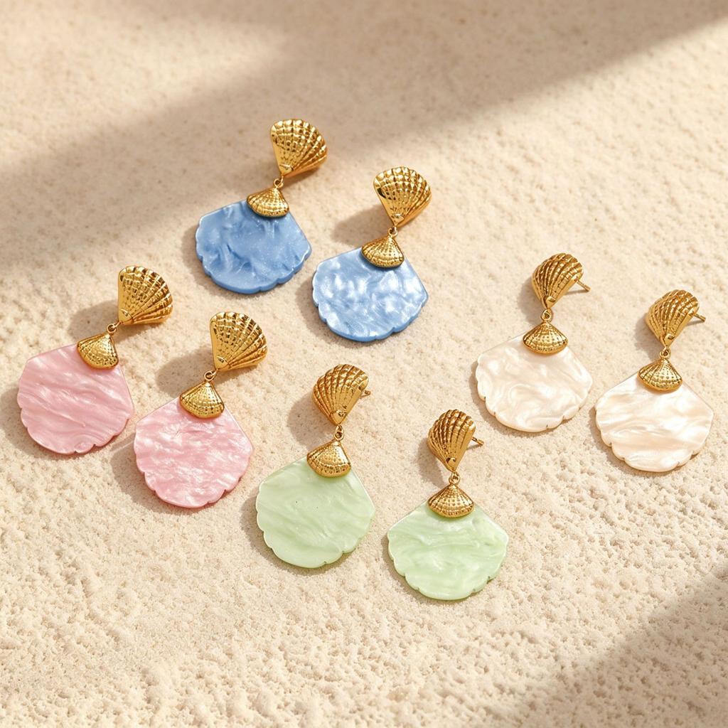 European and American Colorful Shell Earrings Fashion Exaggerated Personality Resin Stud Earrings Temperament Celebrity Style Retro Stainless Steel