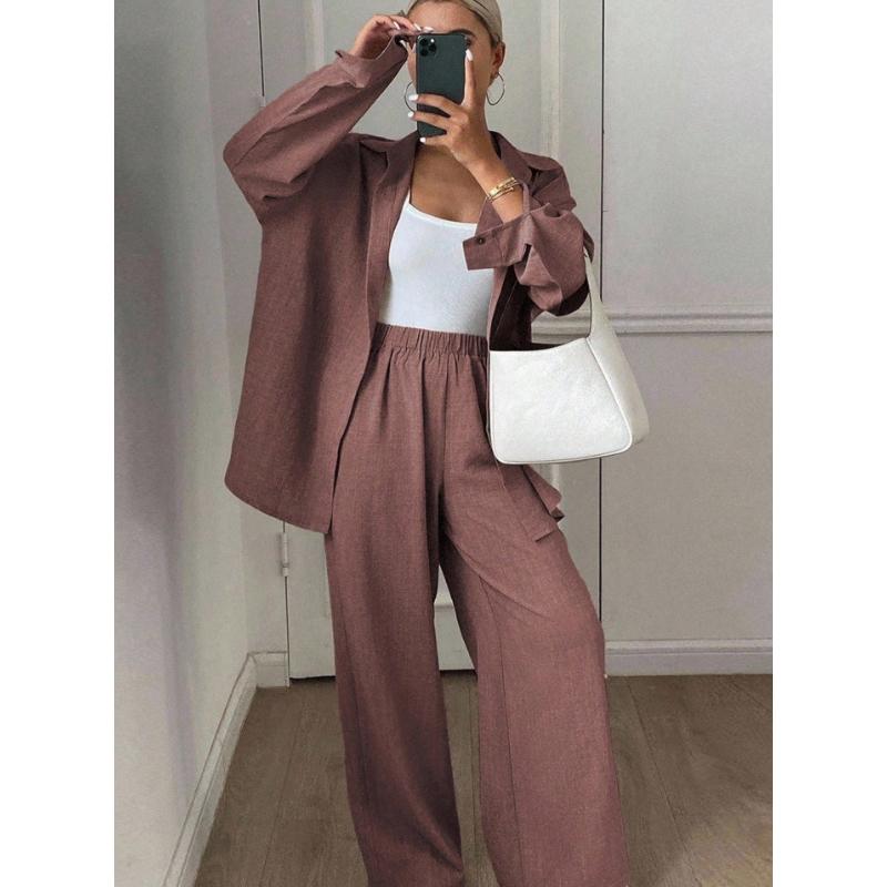 Women's Long Sleeve Shirt and Pants Two-Piece Set Fashionable and Stylish Outfit Combo for Professional or Casual Wear