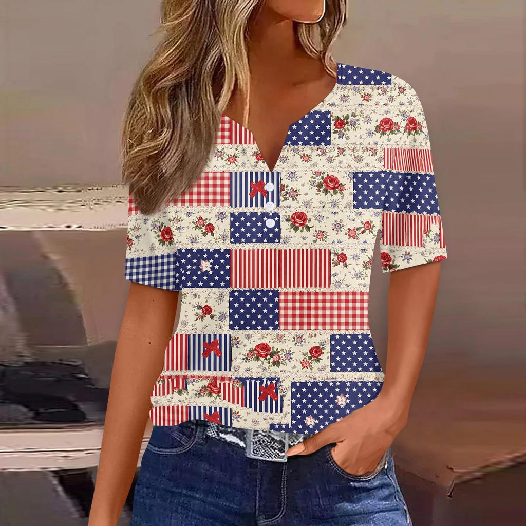 Women's Fashion Casual Independence Day Print V-Neck Short Sleeve Button-Up T-Shirt Top