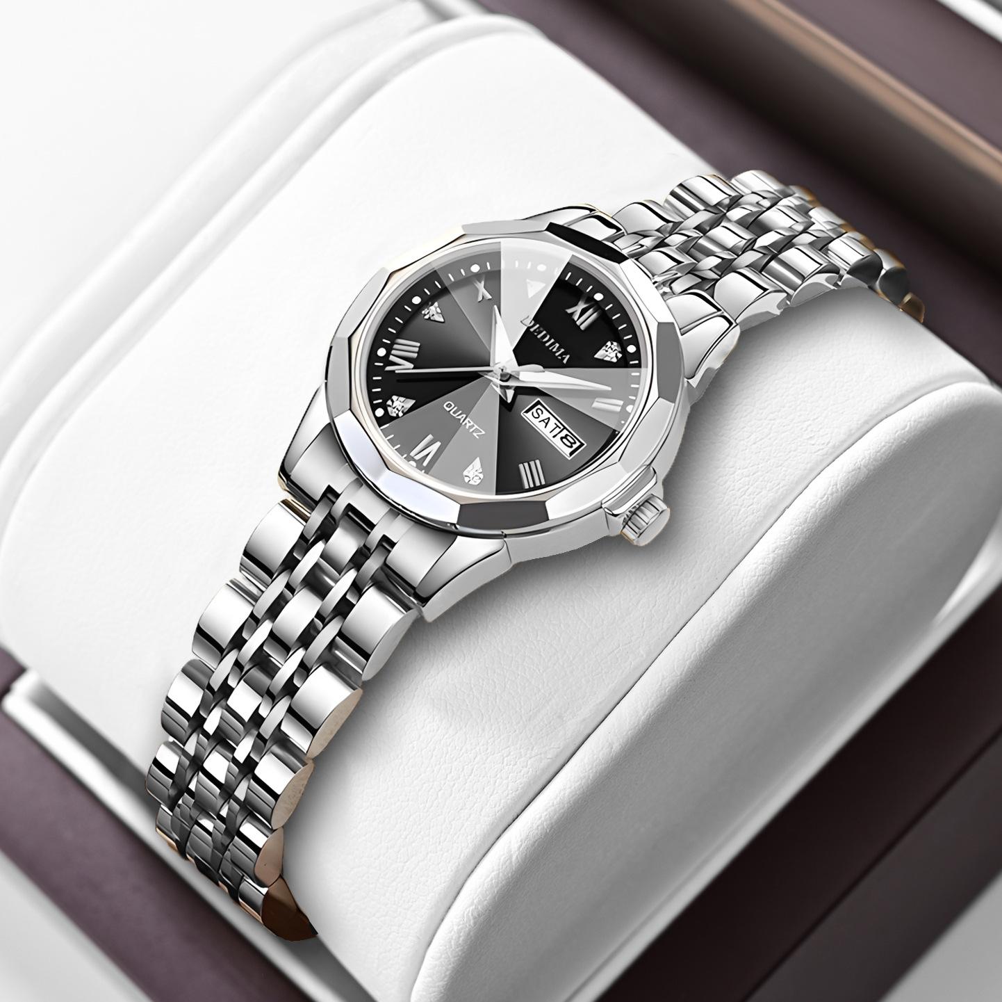 

Роскошные женские наручные часы водонепроницаемые светящиеся женские кварцевые часы с датой и неделей из нержавеющей стали женские часы серебряный/чёрный