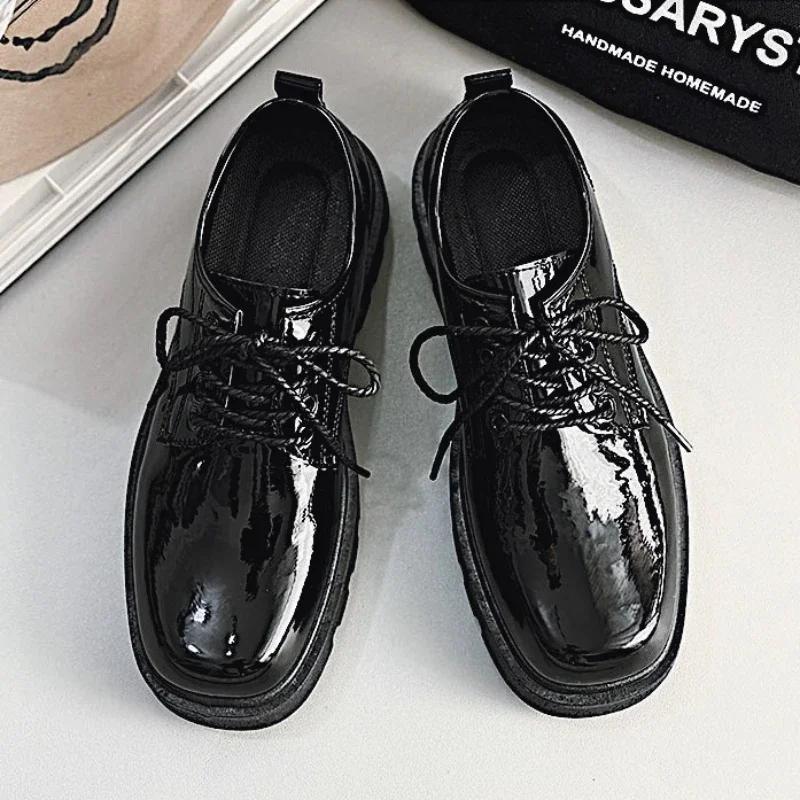 Módní pánské kožené boty s hranatou špičkou, lakované kožené ležérní boty pro muže, silná podrážka, derby boty v korejském stylu, formální pánské společenské boty