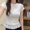 Summer Lace Hem Round Neck Short Sleeved T-shirt White Blouse Women Elegant Fashion Slim Fit Casual Tops Simple Office Sweet Tshirts