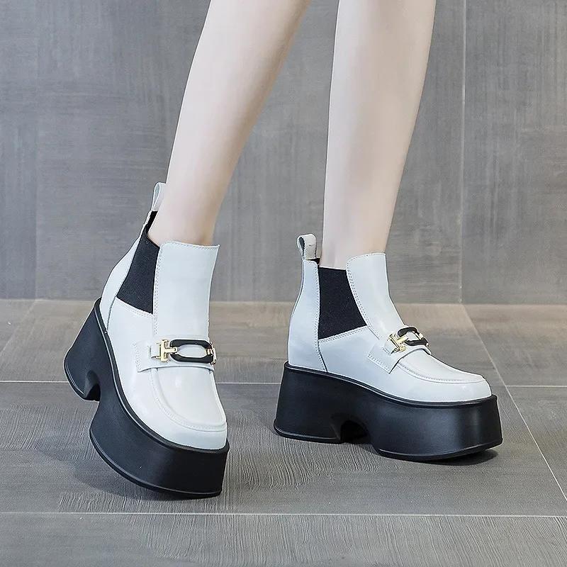 Fashion 11CM Genuine Leather Winter Plush  Platform Wedge Fashion Autumn Booties Women Boots Spring ELastic Babd Height Increasing Shoes