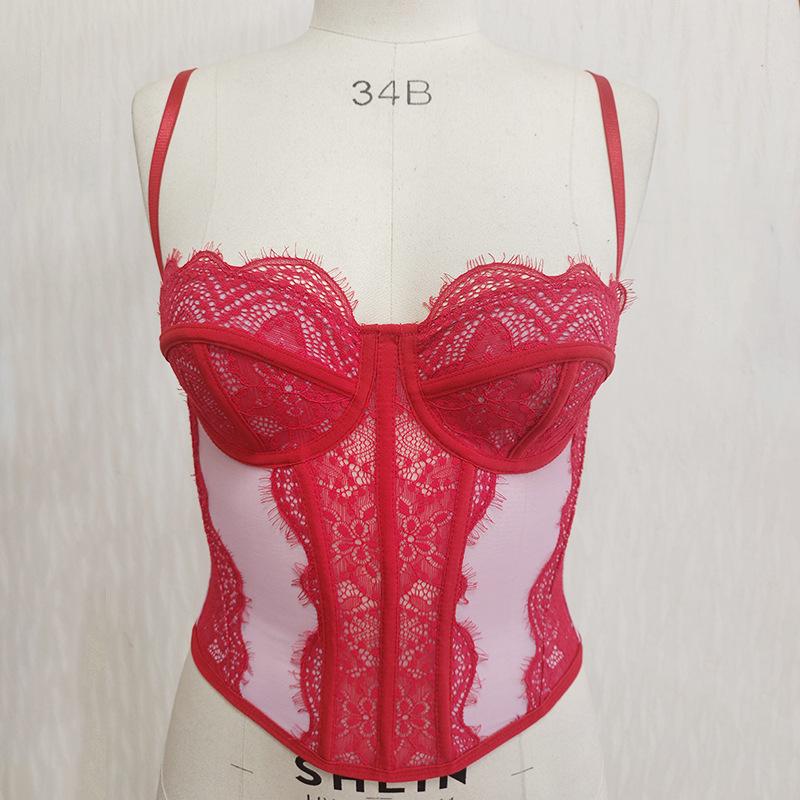 Damen Durchsichtiges Spitzenkorsett Cami-Oberteil, Spaghettiträger Bustier, Fischgräten Schlankmachendes Trägerloses Schlauchoberteil