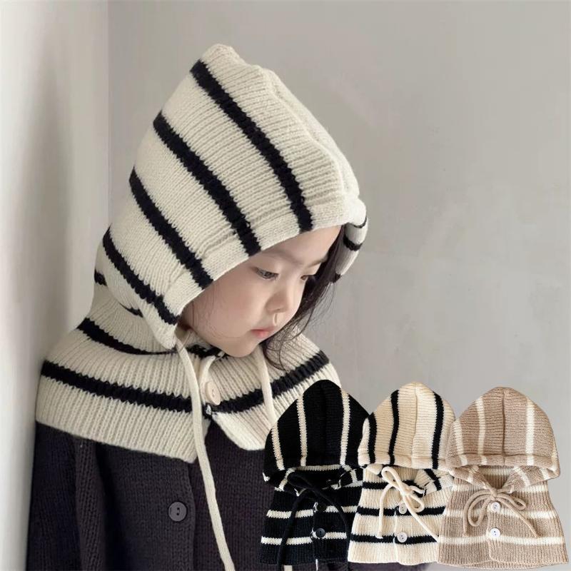 Baby Striped Balaclava Hat Warm Knitted Beanie Cap Kids One Piece Pullover Hats Children Winter Ear Protection Hooded Beanies