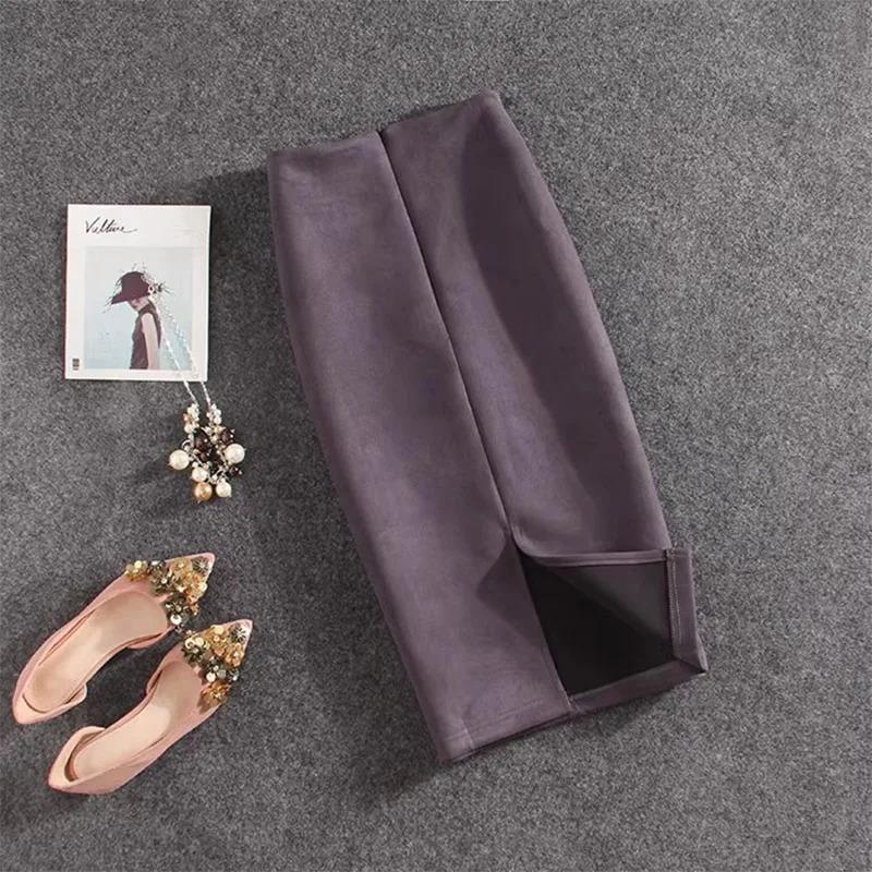 Autumn Winter High Waist Bodycon Vintage Suede Split Thick Stretchy Skirts Women Skirts Suede Solid Color Pencil Skirt