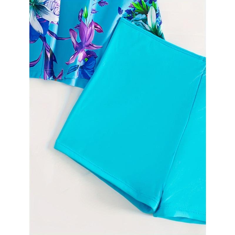 Women's Turquoise Floral Print Tankini Set V Neck Wrap Front Two Piece Modest Swimsuit with Shorts