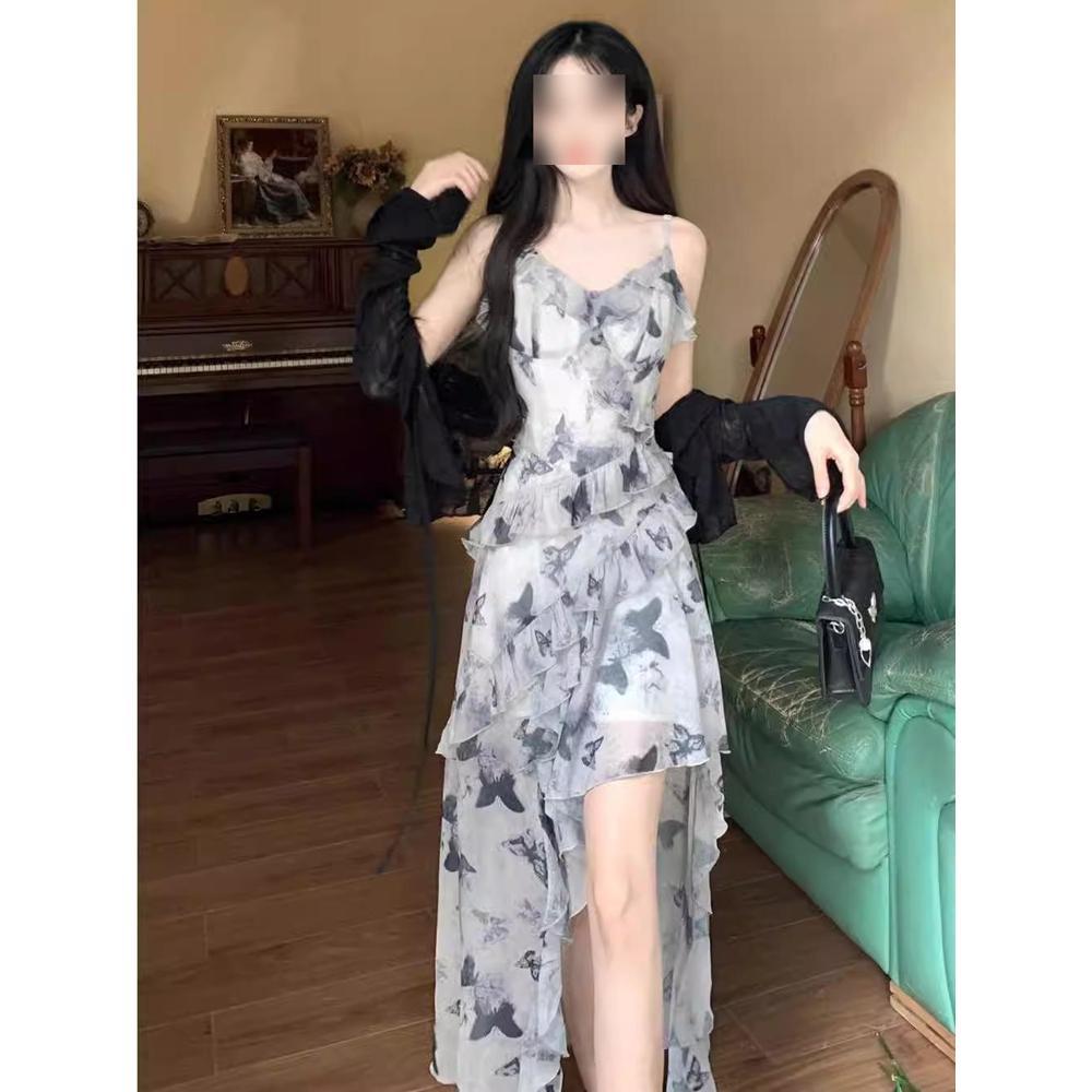 Irregular Style Dress Women's Summer New Long Dress Temperament Waist Floral Suspender Skirt