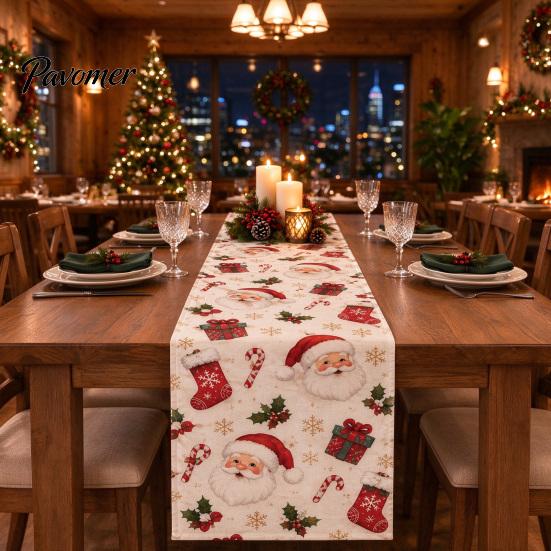 Holiday Table Linen Christmas Flower Runner, Holly Berries Dining Decor, Poinsettia Gingerbread Gift for Friends Man Festive Runner Party Decor Indoor