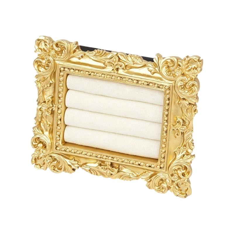 Tabletop Jewelry Display Holder with Ornate Frame, Four Ring Rows for Counter Merchandising, Vanity Storage, and Styling Use