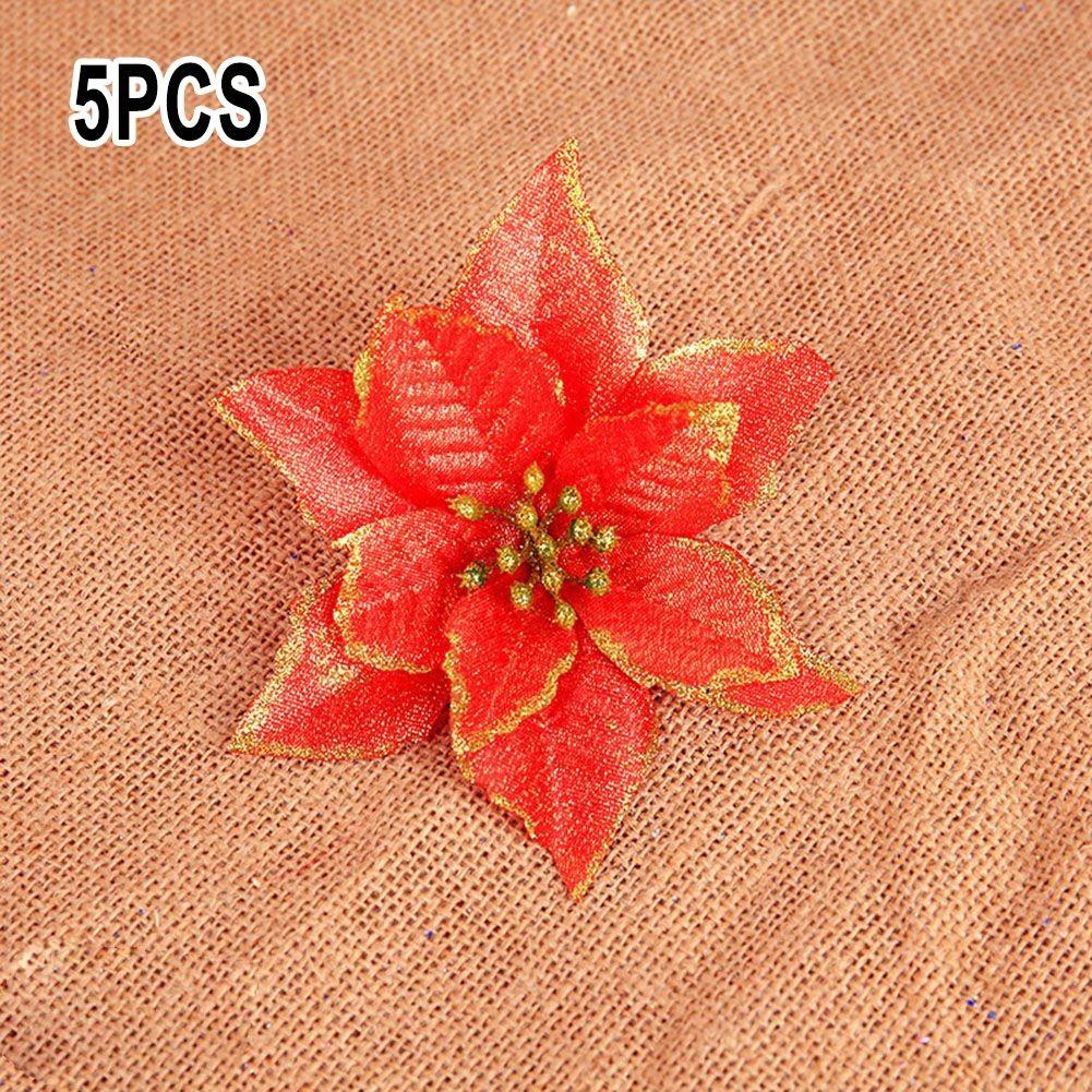 5/24PCS Glitter Artificial Poinsettia Christmas Tree Ornament Home Decor Flower