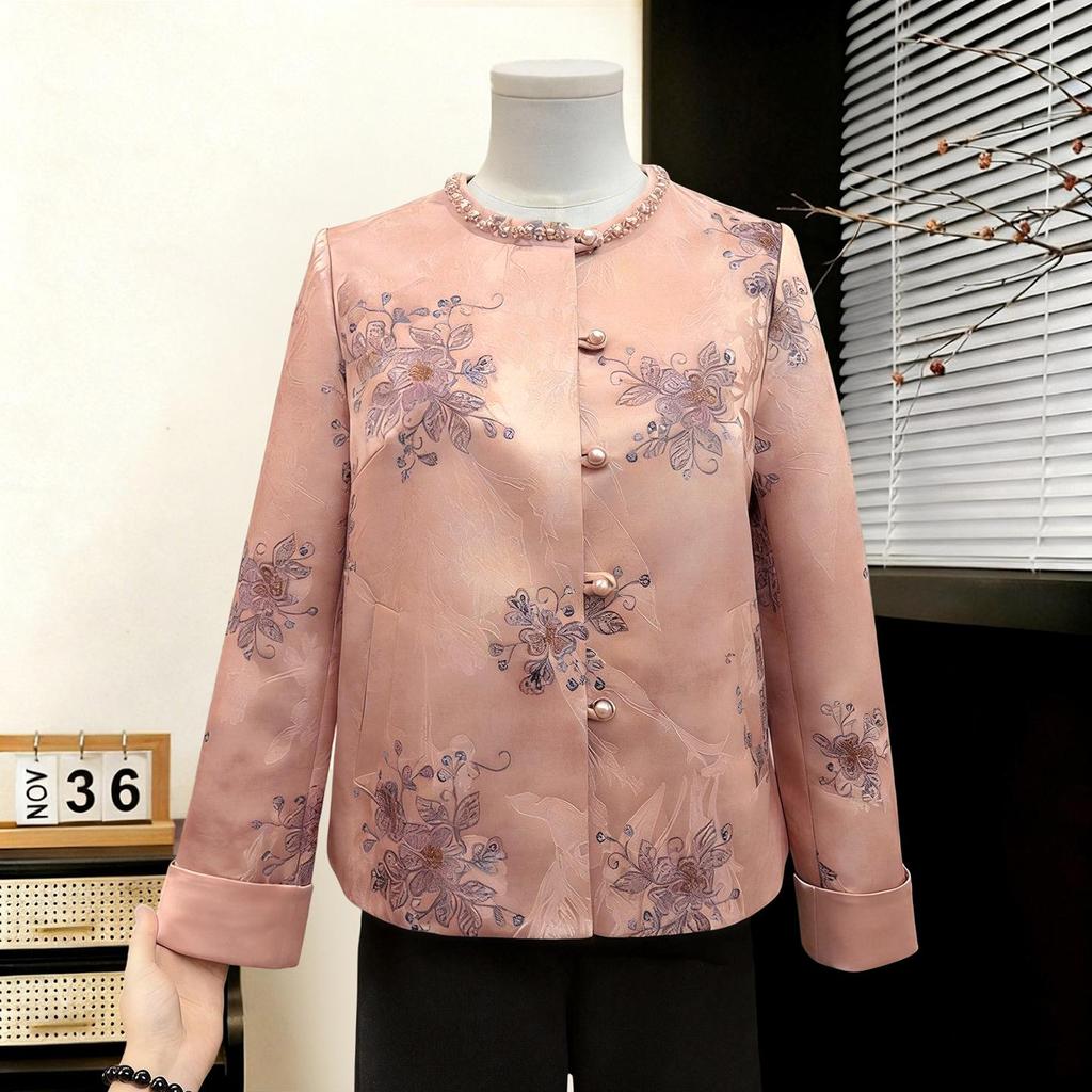 2026 Spring Women's Embroidered Jacket: New Chinese Style, Round Neck, Pearl Button, Short Stylish Top for Mother's Day