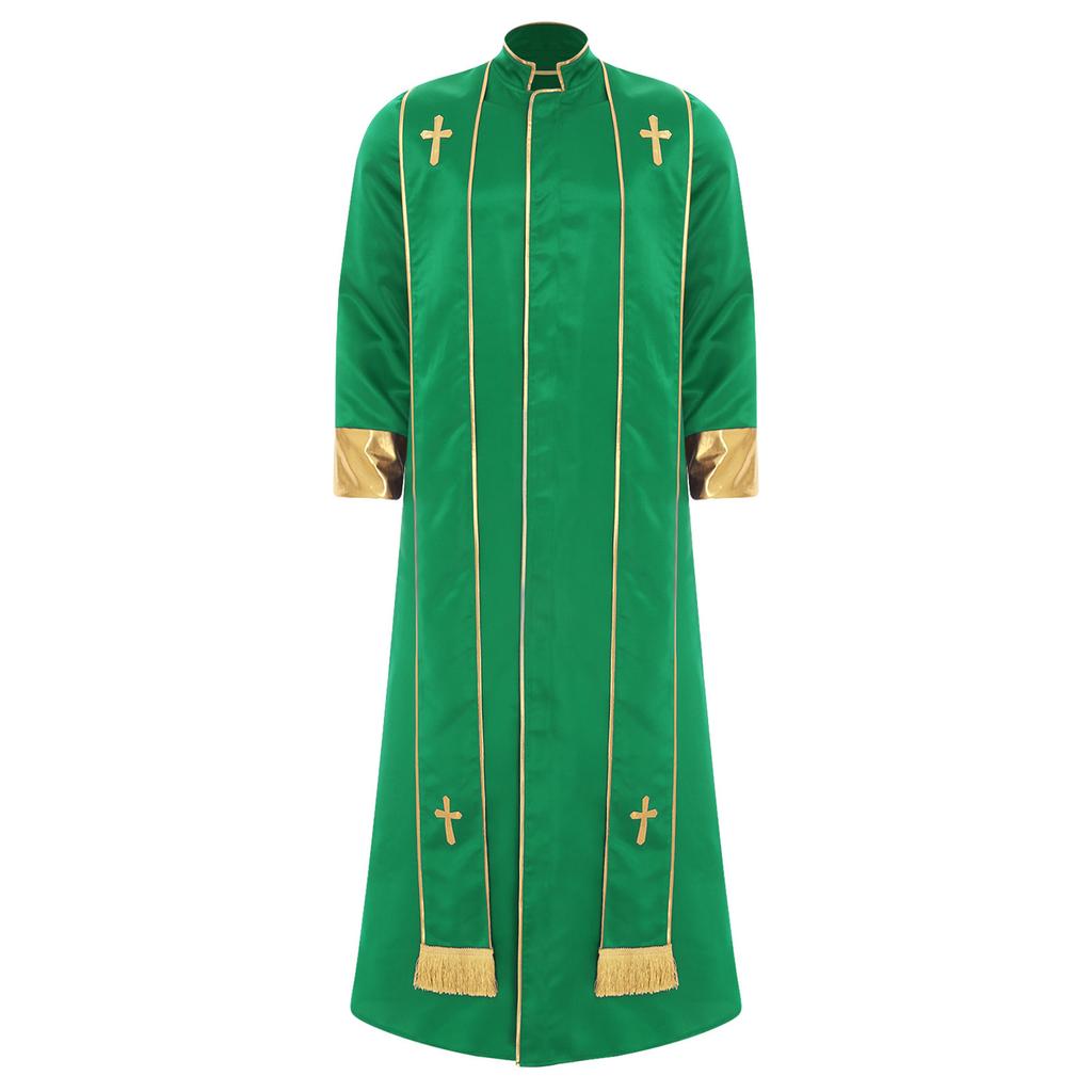 Mens Priest Robe Costume Stand Collar Long Sleeve Front Zip Design Gold Cross Cassock Catholic Halloween Cosplay Vestments