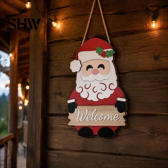 Rustic Christmas Home Accents 2D Wooden Welcome Hanging Sign, Cartoon Santa Snowman Tree Winter Seasonal Ornament Door Hanger with Rope, Xmas
