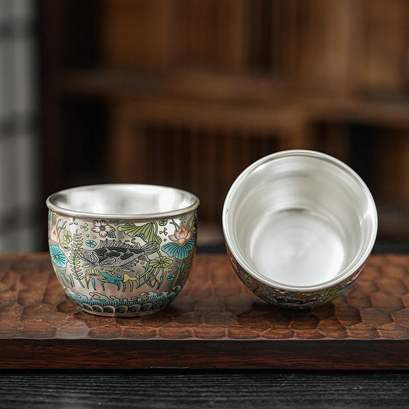 Silver-Plated Ceramic Master Tea Cup for Single-Serve Gongfu Tea Tasting.