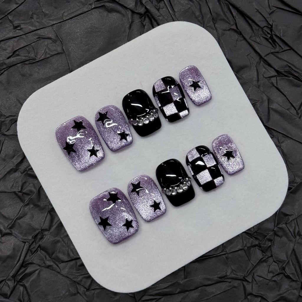 10pcs Blue Cat Eye Short Square Head Fake Nail Dreamy Universe Starry Sky Star Flash Press on Nail Full Cover Wearable Nails Tip