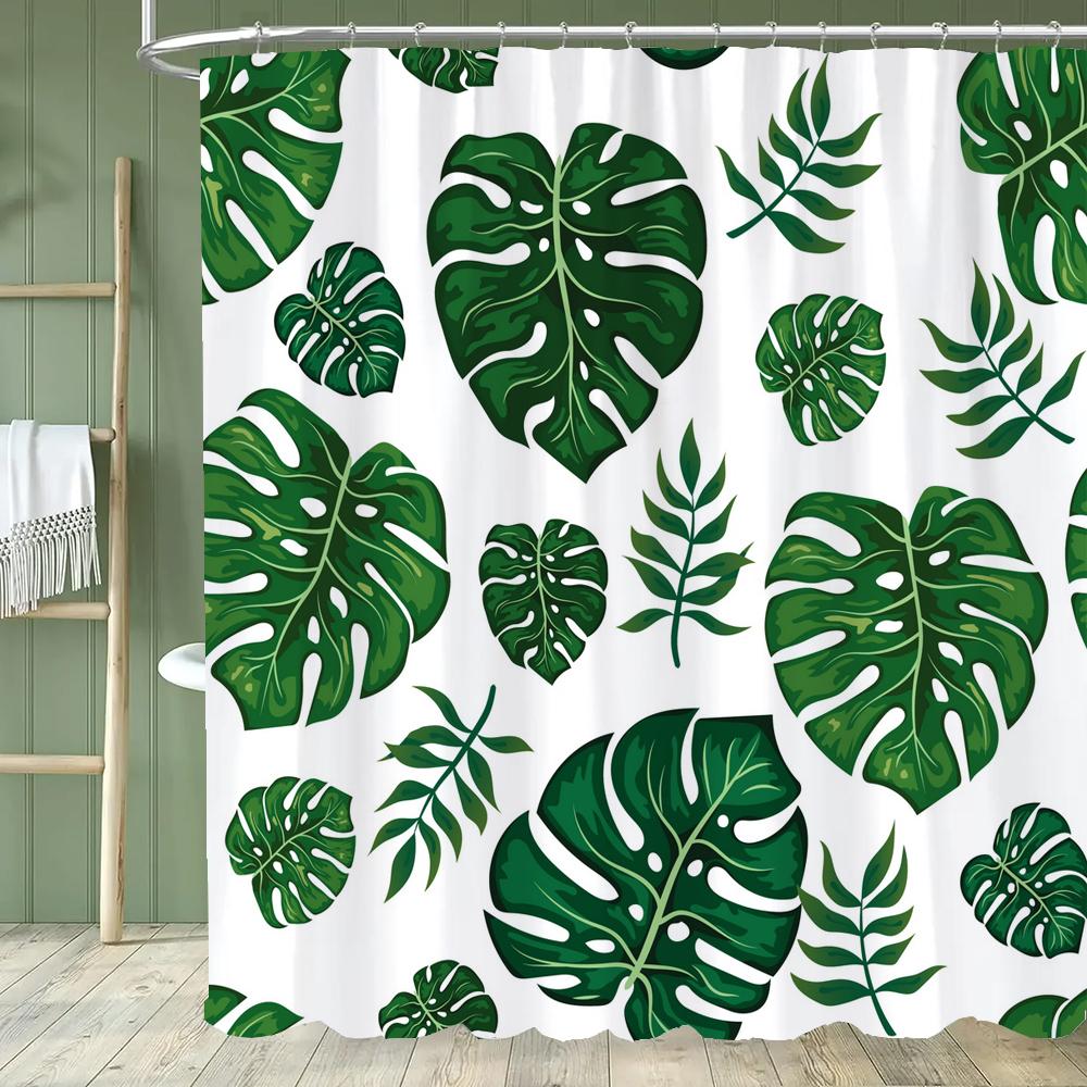 Simple Leaf Pattern Shower Curtain, Bathroom Decorative Leaves Shower Curtains, Home Printed Polyester Fabric Curtain with Hooks