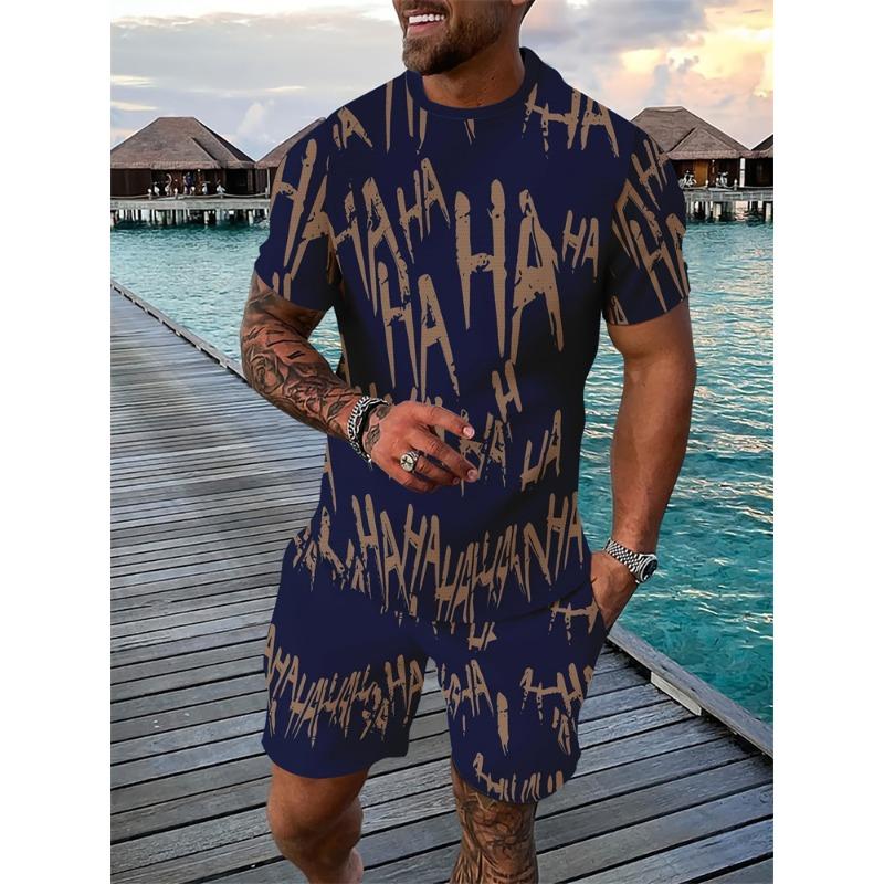 Mens Summer TwoPiece Set Animal Lion 3D Print Crew Neck Short Sleeve T-Shirt & Drawstring Shorts Outdoor