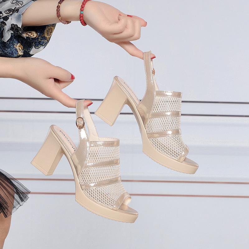 Middle-Aged Women's Sandals Summer Mesh High Heels Temperament Waterproof Platform One-Piece Fish Mouth Comfortable Elegant