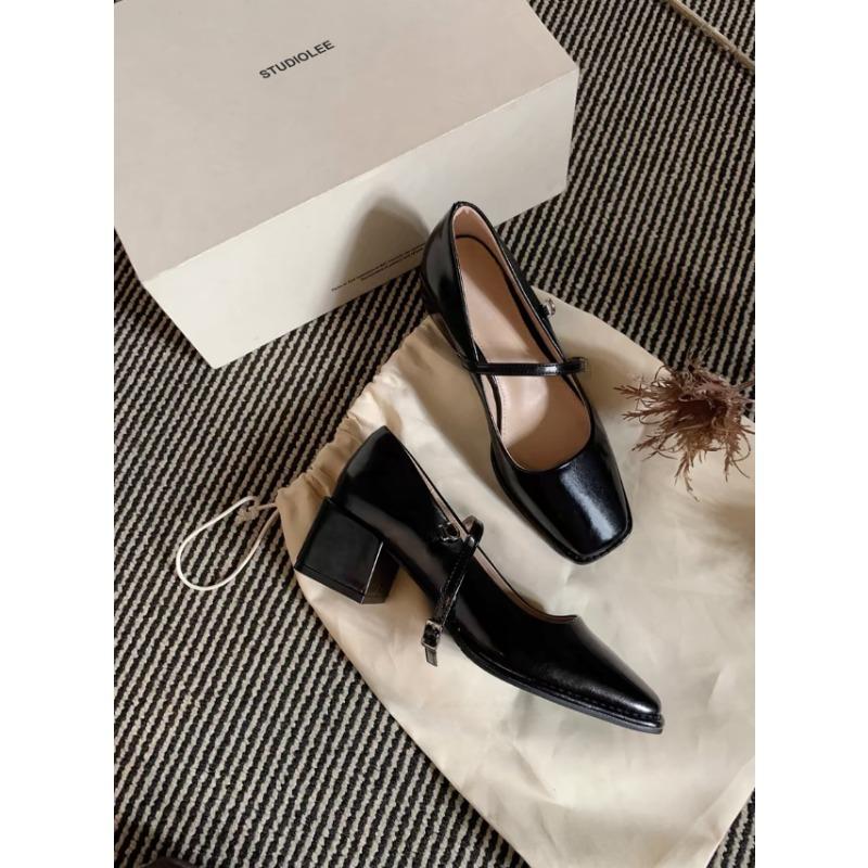 Sheepskin version temperament square head thin word with light mouth commuting thick heel Mary Jane shoes women's single shoes
