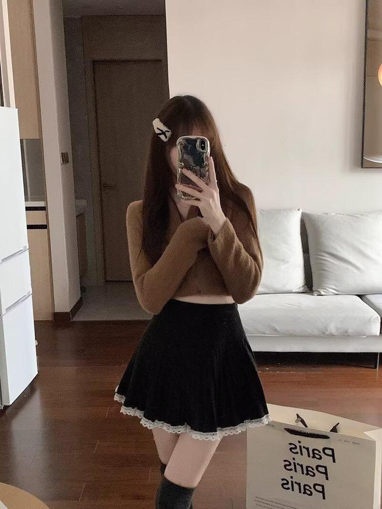 Women's Plus Size Woolen Pleated A-line Skirt with Lace Trim - High Waist Puff Design for Spring & Autumn