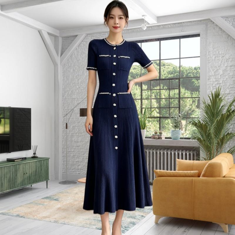 Elegant Lady Beaded Knitted Long Dress Women's Solid Short Sleeve O-Neck Single-breasted Bodycon Party Dress Female