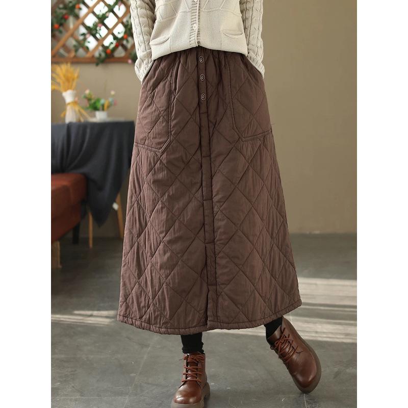 Vintage Diamond-Quilted Padded Winter Skirt with Pockets - Slimming, Warm, and Versatile Cotton Half Skirt for Women
