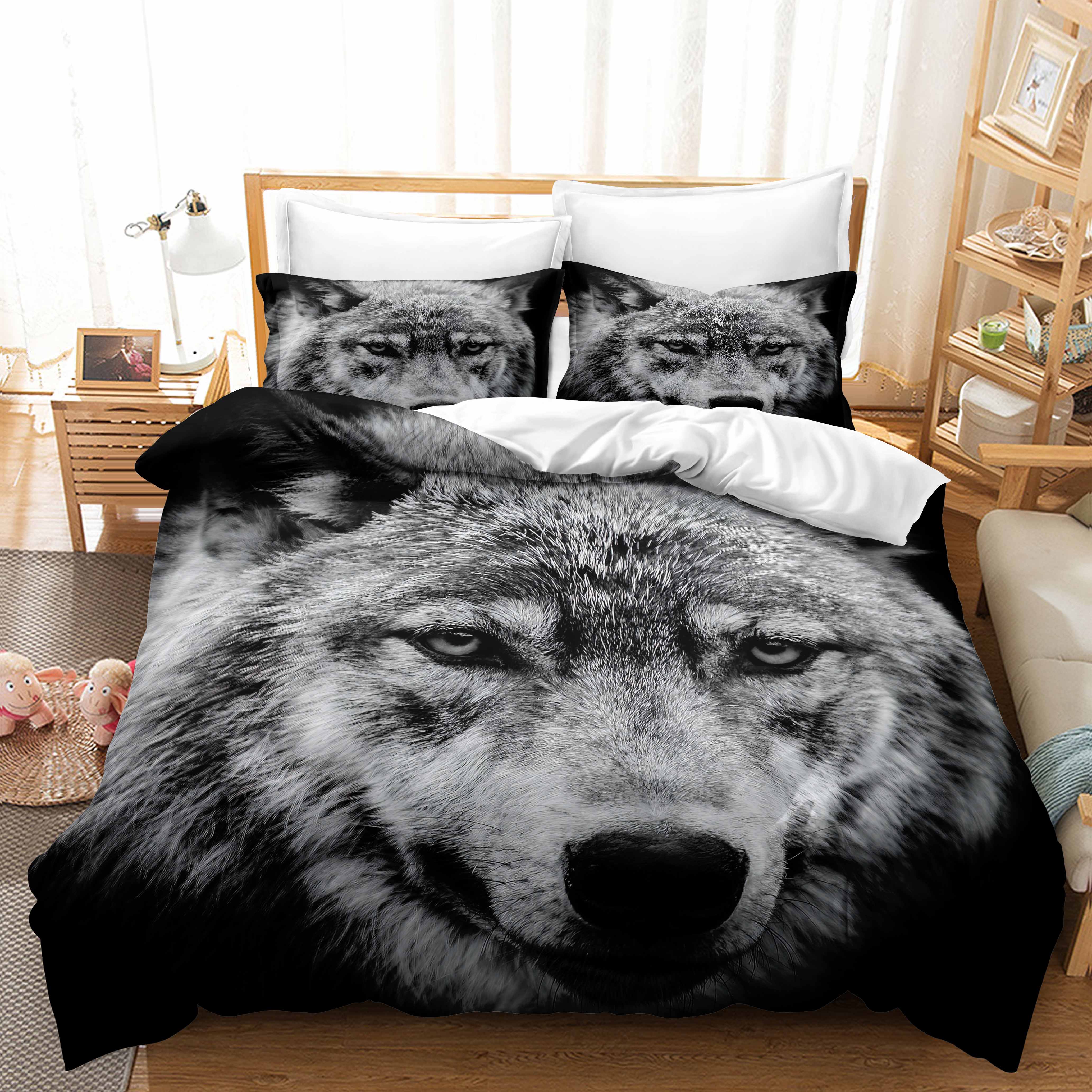 

Wolf Pattern Household Bedding Single Bed Double Bed Full Size Wolf Print Pillowcase and Quilt Cover 2/3 Sets of Adult and Child Bedroom Bedding UK Single 135x200cm