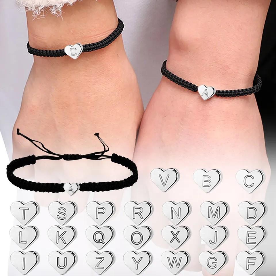 Handmade Adjustable Black Rope Bracelet with Zinc Alloy and Silver Heart 26 Letter Charm