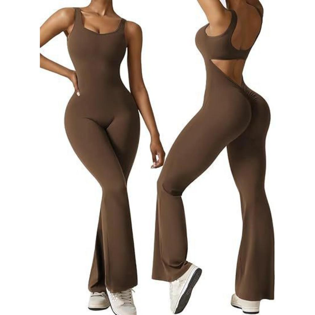 Women's Square Neck Sleeveless Jumpsuit Slim High Waist Back Cutout Flare Yoga Unitard