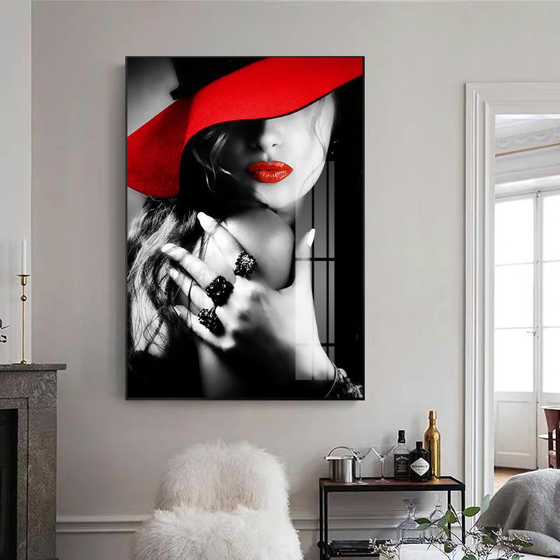 Modern Fashion Women's Red Lip Nail Wall Art Sexy Women's Masked Oil Painting Nordic