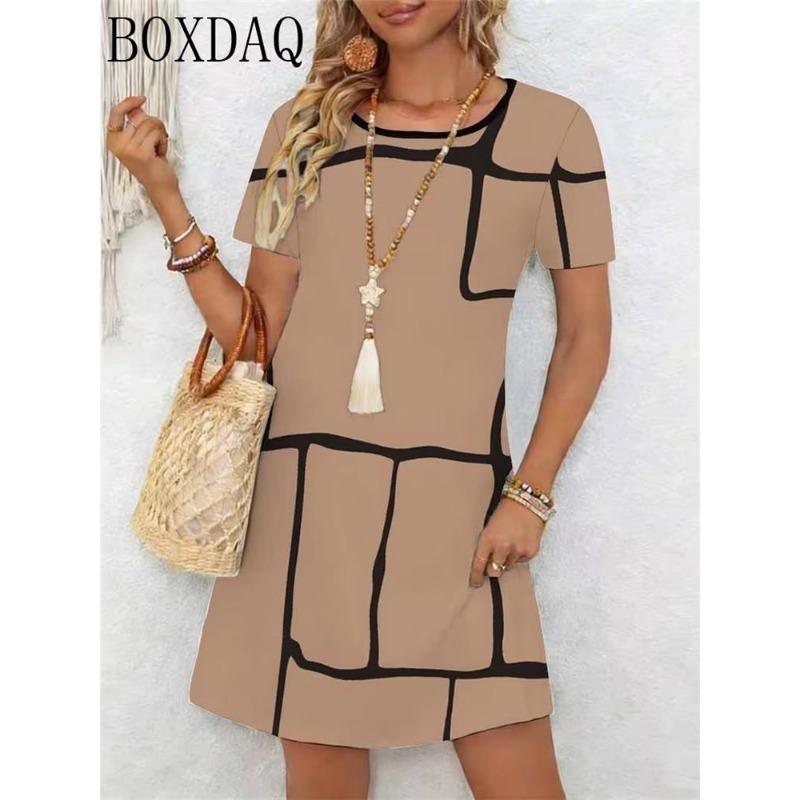 New Summer Women's Dresses Casual Short Sleeved Round Neck Abstract Pattern Printed Loose Dress