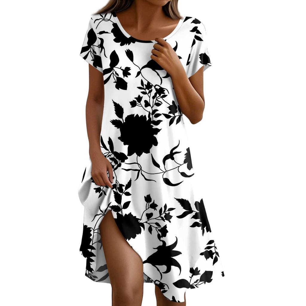 Short Sleeve Boho Dress For Women Casual Loose Fit Summer Sundress Floral Print Dress With Pockets