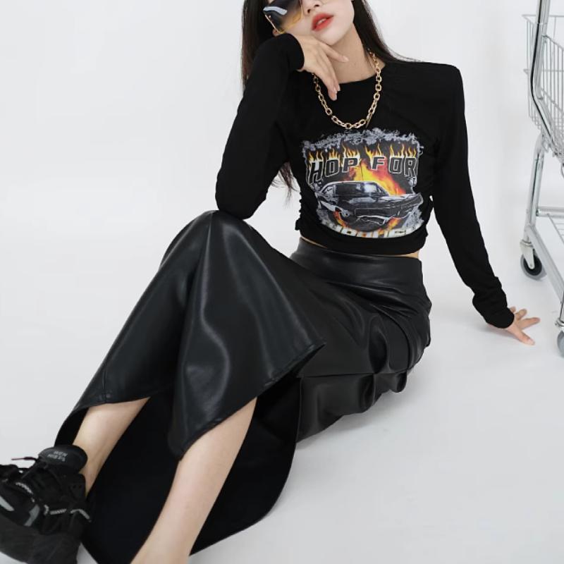 Black High Waist Folds Side Split Pu Leather Skirts For Women Autumn Winter Elegant Brown Bodycon Long Skirts