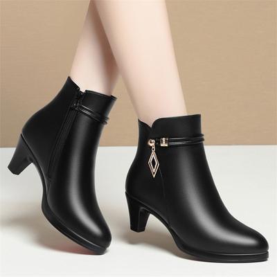 Moda Comodidad Moda Cuero Suave Zapatos de Invierno Botas de Plataforma 2024 Elegantes Tacones Altos de Bloque Negros Tobillo Oficina Botas de Mamá