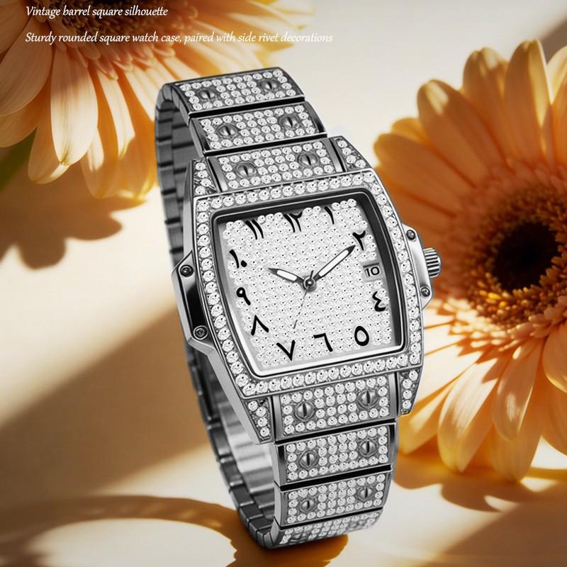 Womens Diamond Watch Tonneau Barrel-Shaped Luxury Quartz Wristwatch Bling Crystal Dress Watch Arabic Numerals Waterproof